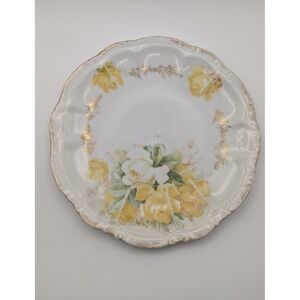 Antique Bavaria Porcelain Plate Yellow White Roses Gold Gilt Scalloped Rim 22